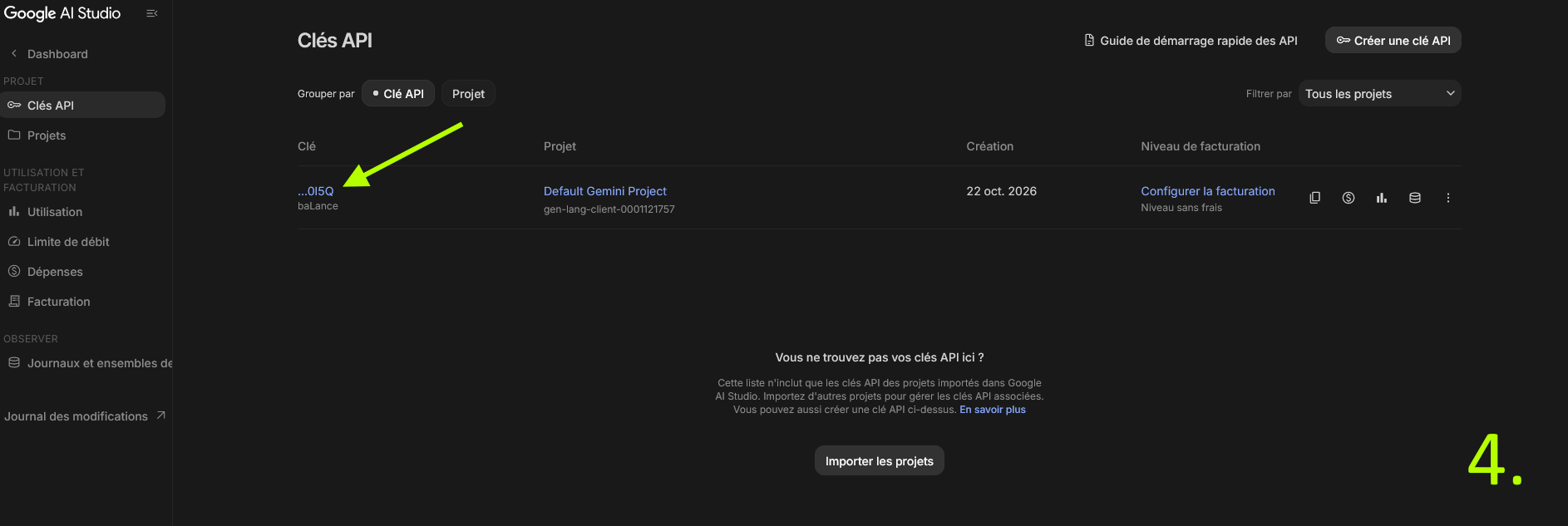 Étape 4 : Copie de la clé API prête