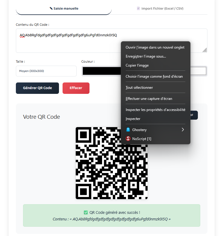 Processus de génération du QR Code avec clic droit
